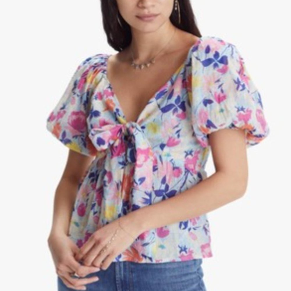 Banjanan Floral Tie-Front Puff Sleeve Blouse in Pink, Blue & Yellow